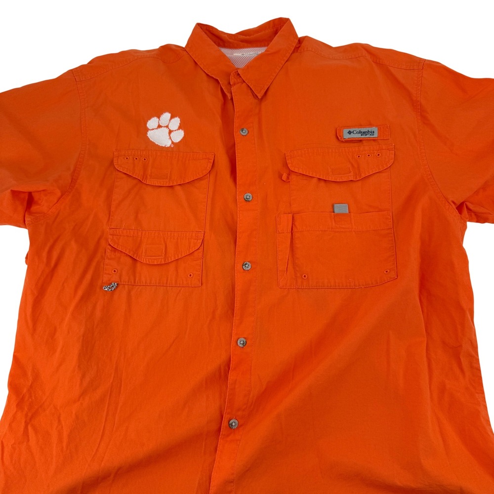 Columbia Clemson Tigers‎ PFG Fishing Shirt Mens XXL Orange Short Sleeve Utility